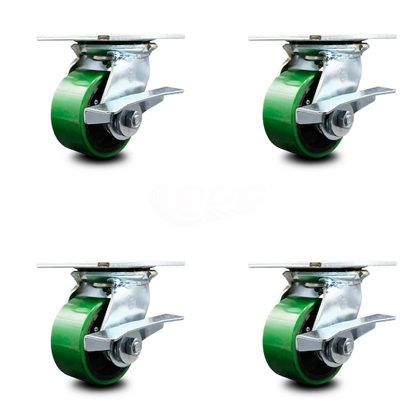 4 Inch Green Poly on Cast Iron Caster Set with Roller Bearing and Brake SCC